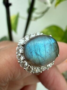 Natural Blue Flash Labradorite Halo Ring – Adjustable Silver Statement Ring